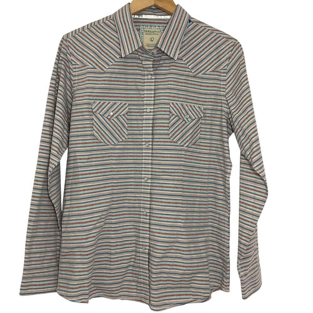 Panhandle Rough Stock Womens L Western‎ Pearl Snap Shirt Striped Cotton Rodeo
